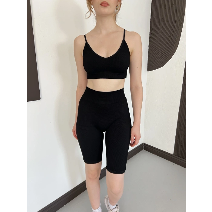 Spor Şort-Crop Takım Siyah