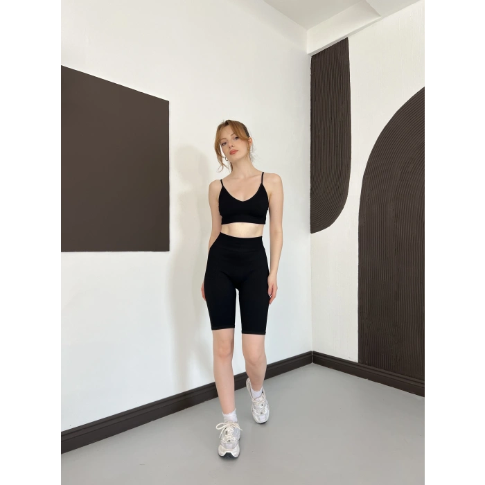 Spor Şort-Crop Takım Siyah