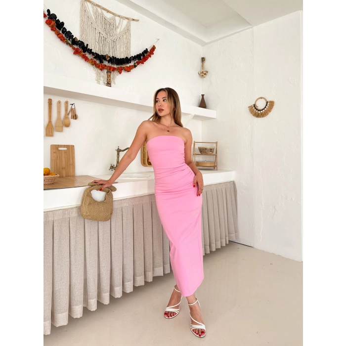 Straplez Arka Yırtmaç Detay Elbise Pembe