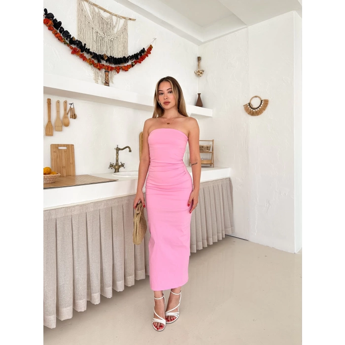 Straplez Arka Yırtmaç Detay Elbise Pembe
