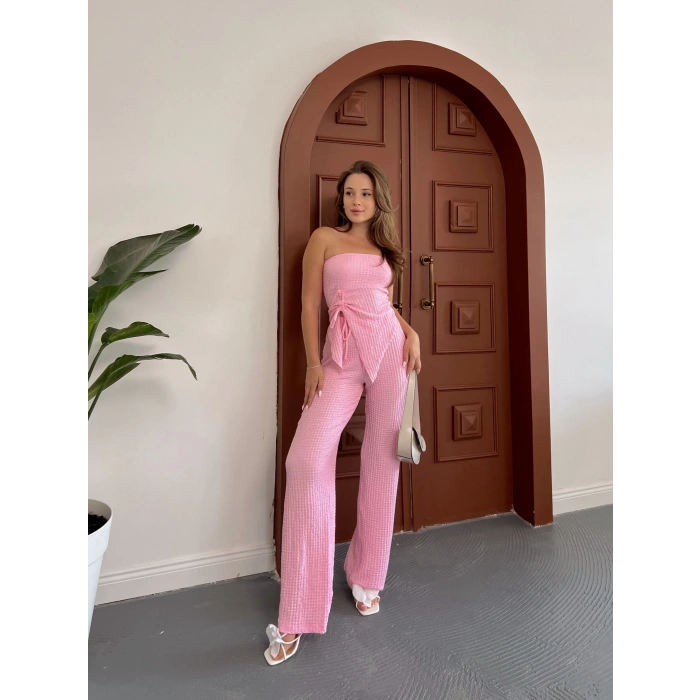 Straplez Büzgü Detaylı Gofre Takım Pembe