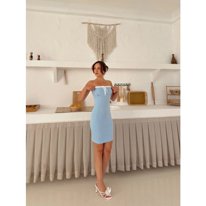 Straplez Ön Bağlama Detay Mini Elbise Bebe Mavisi