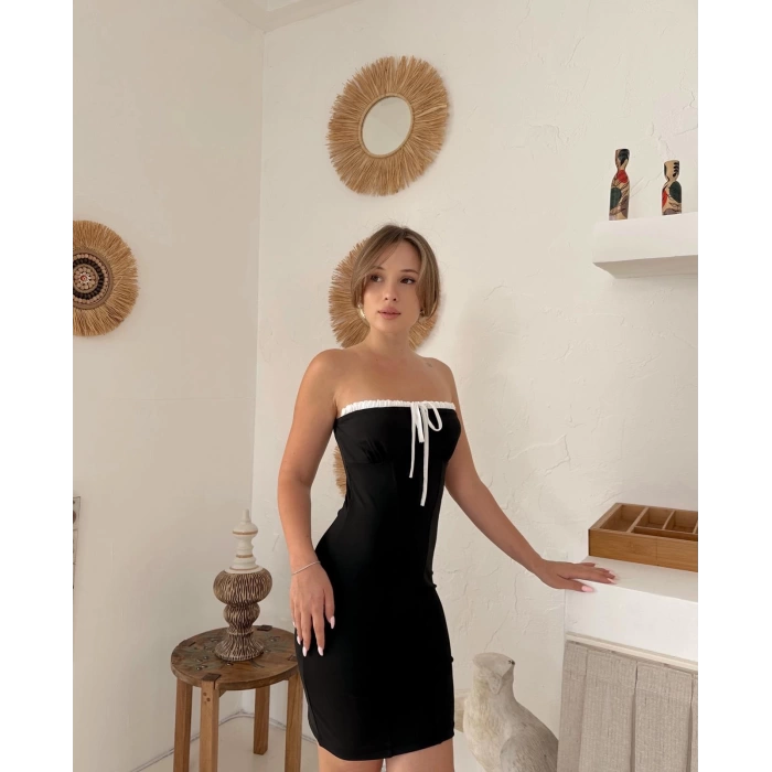 Straplez Ön Bağlama Detay Mini Elbise Siyah
