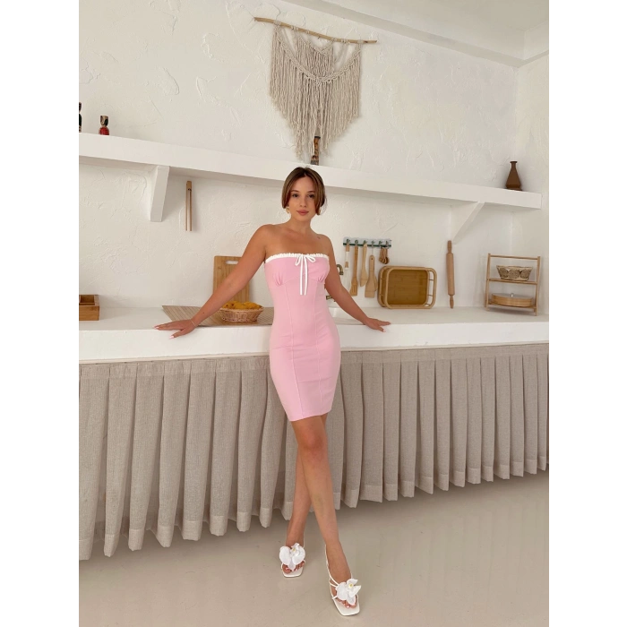 Straplez Ön Bağlama Detay Mini Elbise Pembe