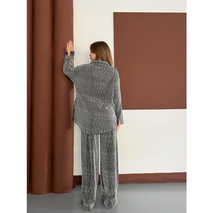 Taş Detaylı Gömlek-Pantolon Takım Gri