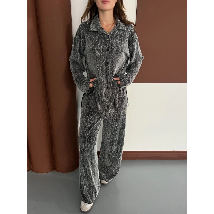 Taş Detaylı Gömlek-Pantolon Takım Gri