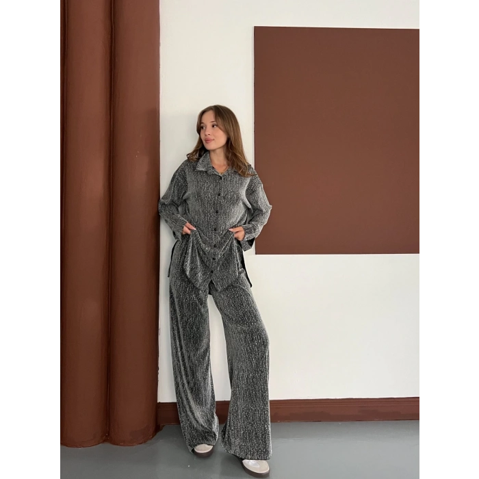 Taş Detaylı Gömlek-Pantolon Takım Gri