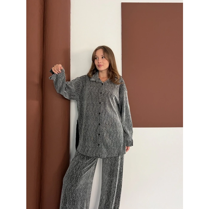 Taş Detaylı Gömlek-Pantolon Takım Gri