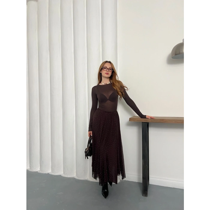 Taş Detaylı İçi Astarlı Bel Lastikli Şifon Etek Acı Kahve