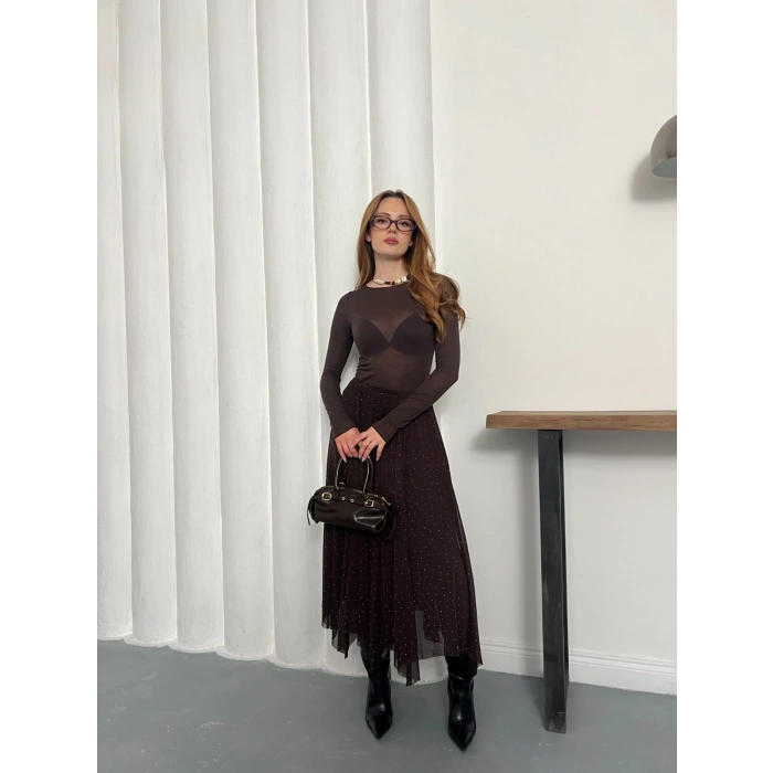 Taş Detaylı İçi Astarlı Bel Lastikli Şifon Etek Acı Kahve