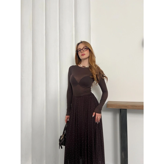 Taş Detaylı İçi Astarlı Bel Lastikli Şifon Etek Acı Kahve