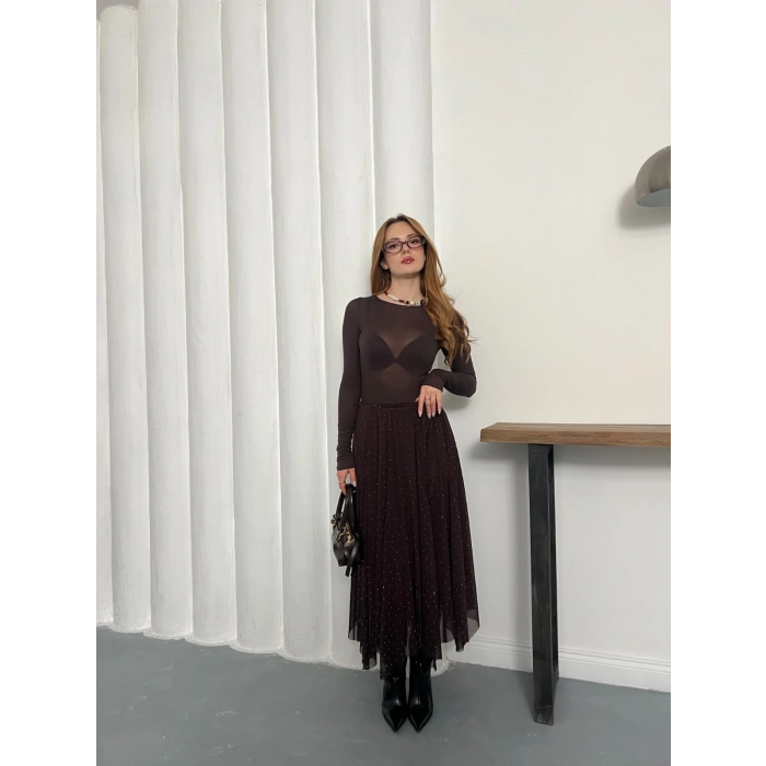 Taş Detaylı İçi Astarlı Bel Lastikli Şifon Etek Acı Kahve