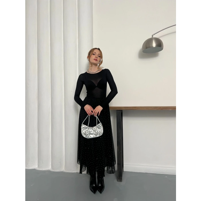 Taş Detaylı İçi Astarlı Bel Lastikli Şifon Etek Siyah