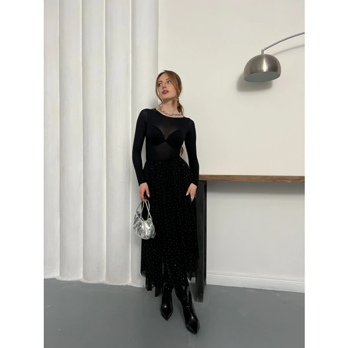 Taş Detaylı İçi Astarlı Bel Lastikli Şifon Etek Siyah