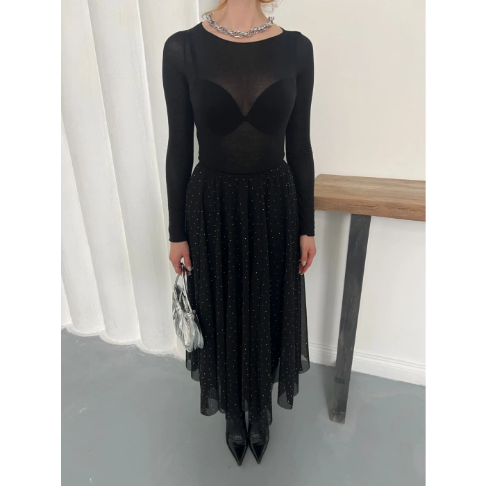 Taş Detaylı İçi Astarlı Bel Lastikli Şifon Etek Siyah