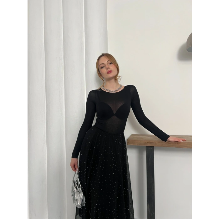 Taş Detaylı İçi Astarlı Bel Lastikli Şifon Etek Siyah