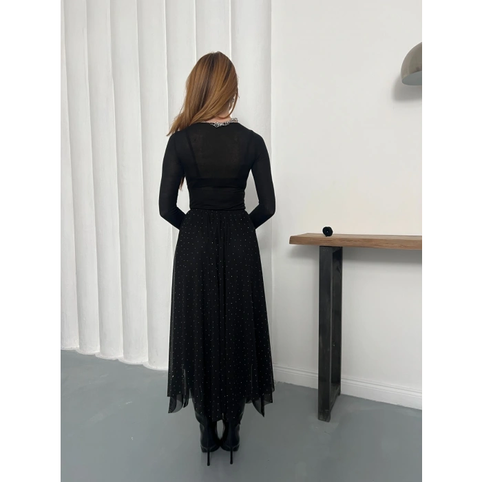 Taş Detaylı İçi Astarlı Bel Lastikli Şifon Etek Siyah