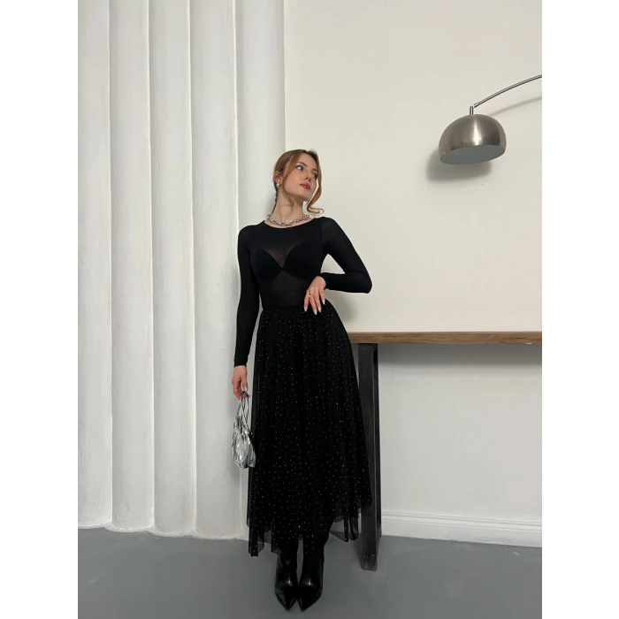 Taş Detaylı İçi Astarlı Bel Lastikli Şifon Etek Siyah