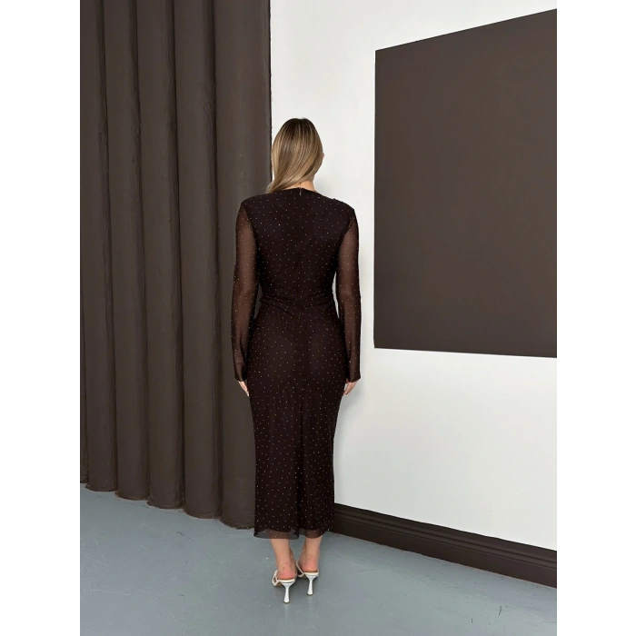 Taş Detaylı Kollar Transparan Elbise Acı Kahve