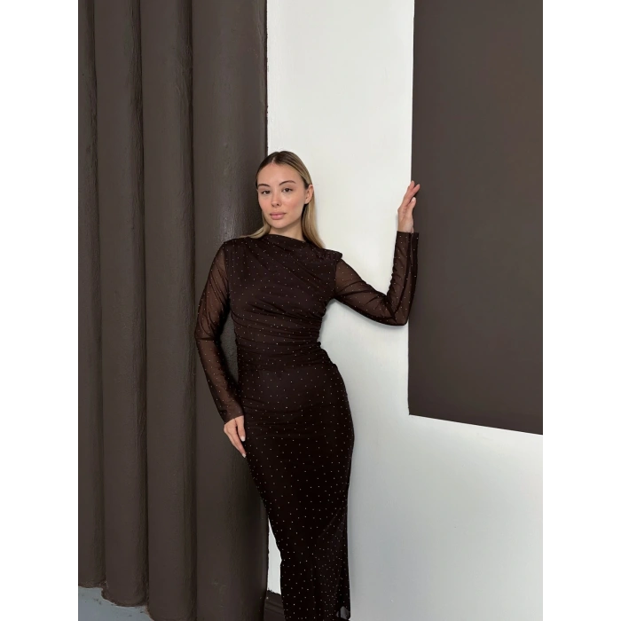 Taş Detaylı Kollar Transparan Elbise Acı Kahve