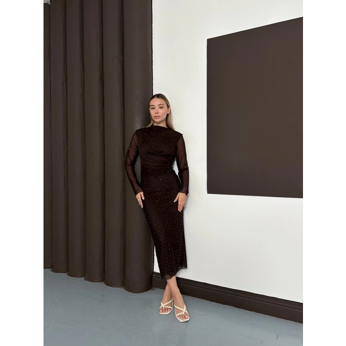 Taş Detaylı Kollar Transparan Elbise Acı Kahve