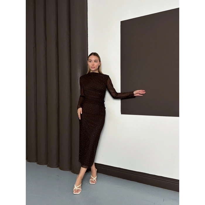 Taş Detaylı Kollar Transparan Elbise Acı Kahve