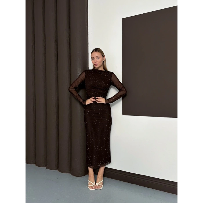 Taş Detaylı Kollar Transparan Elbise Acı Kahve