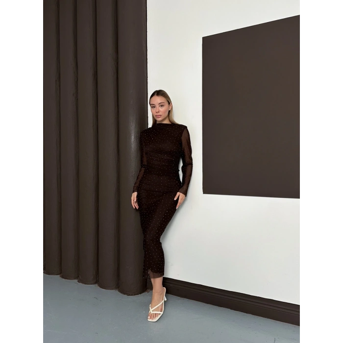 Taş Detaylı Kollar Transparan Elbise Acı Kahve