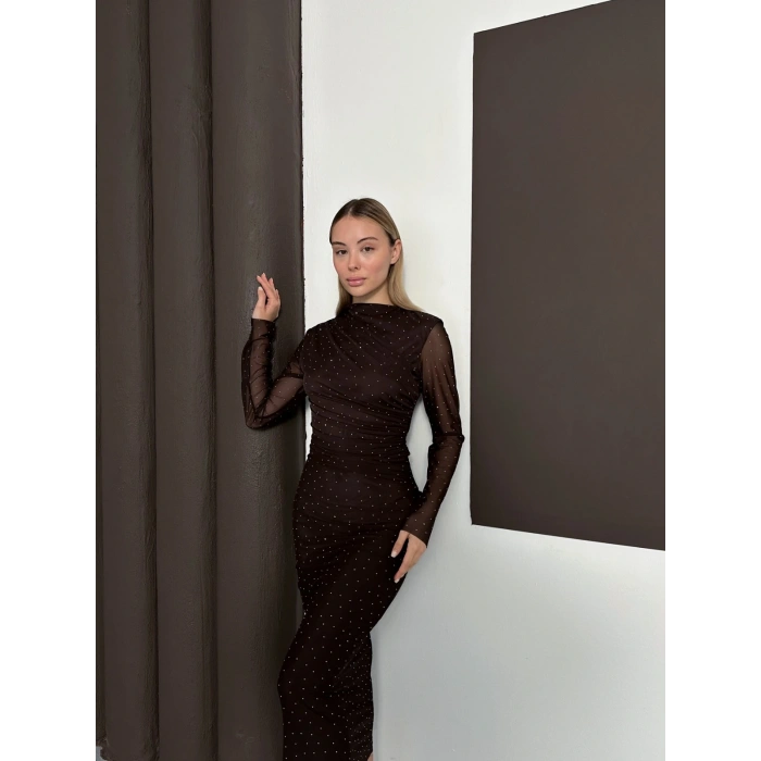 Taş Detaylı Kollar Transparan Elbise Acı Kahve