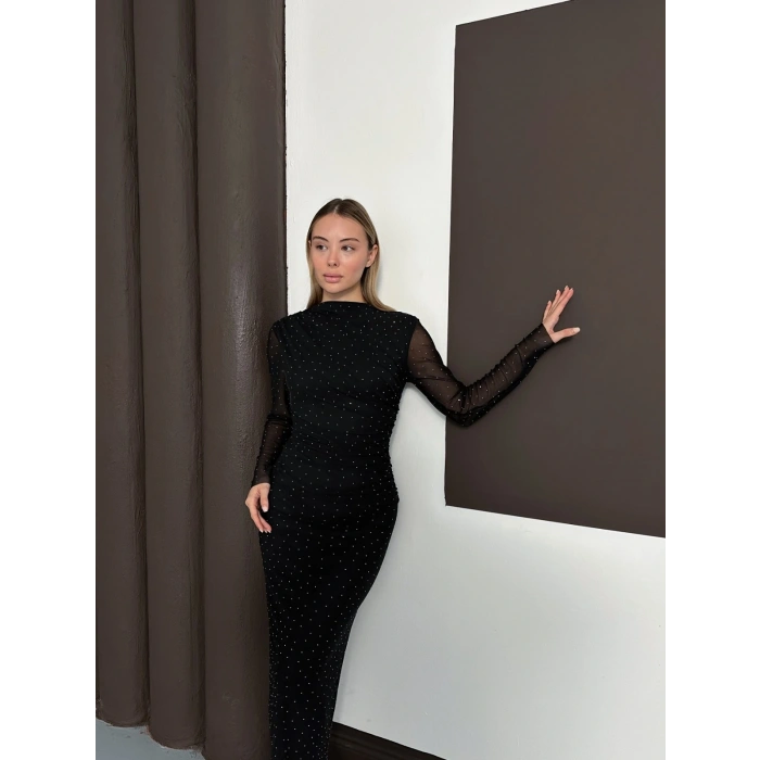 Taş Detaylı Kollar Transparan Elbise Siyah