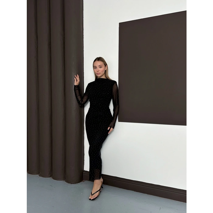 Taş Detaylı Kollar Transparan Elbise Siyah