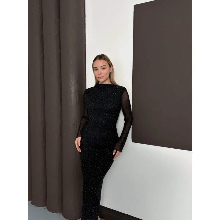 Taş Detaylı Kollar Transparan Elbise Siyah