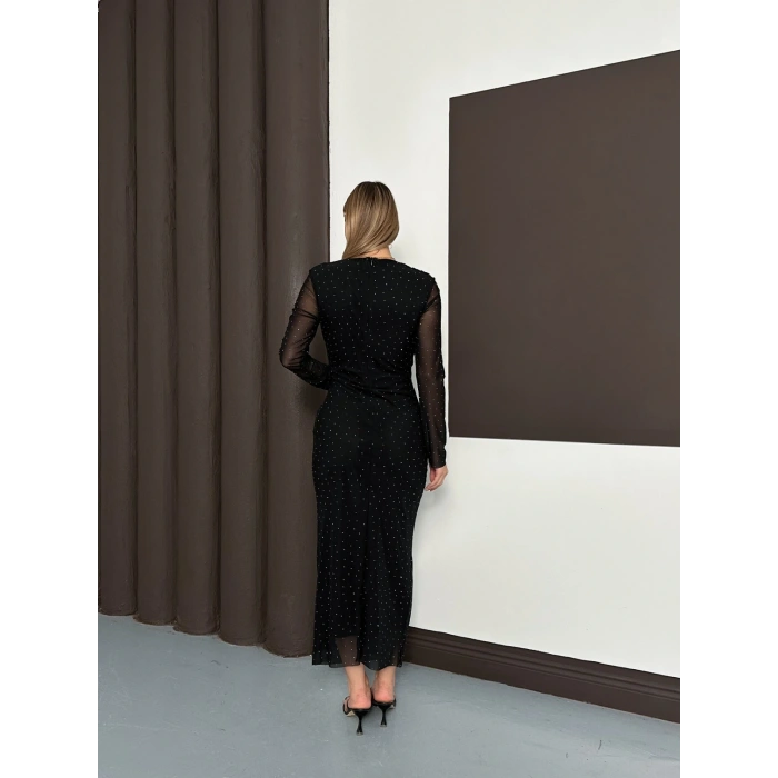 Taş Detaylı Kollar Transparan Elbise Siyah