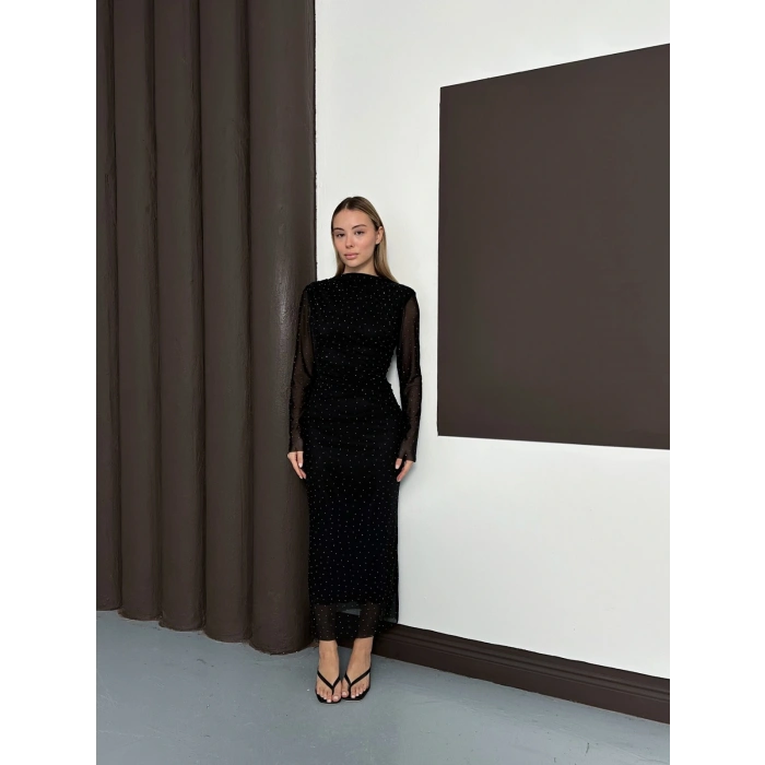 Taş Detaylı Kollar Transparan Elbise Siyah