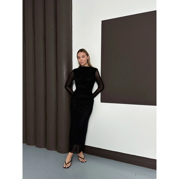 Taş Detaylı Kollar Transparan Elbise Siyah