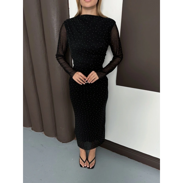 Taş Detaylı Kollar Transparan Elbise Siyah