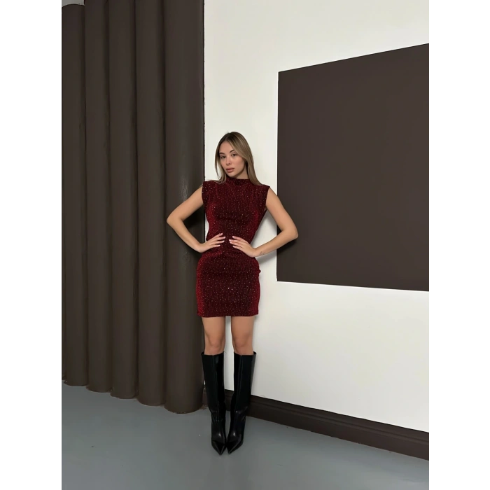 Taş Detaylı Mini Elbise Bordo