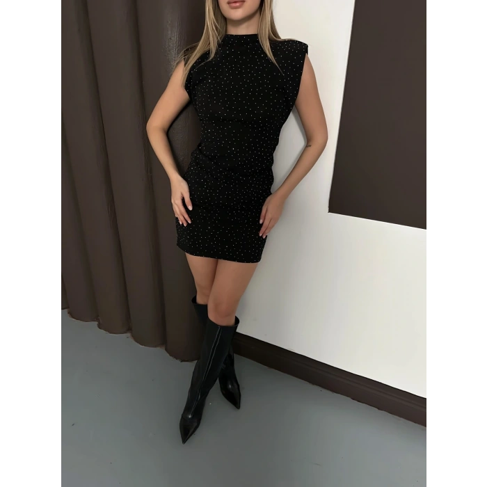 Taş Detaylı Mini Elbise Siyah