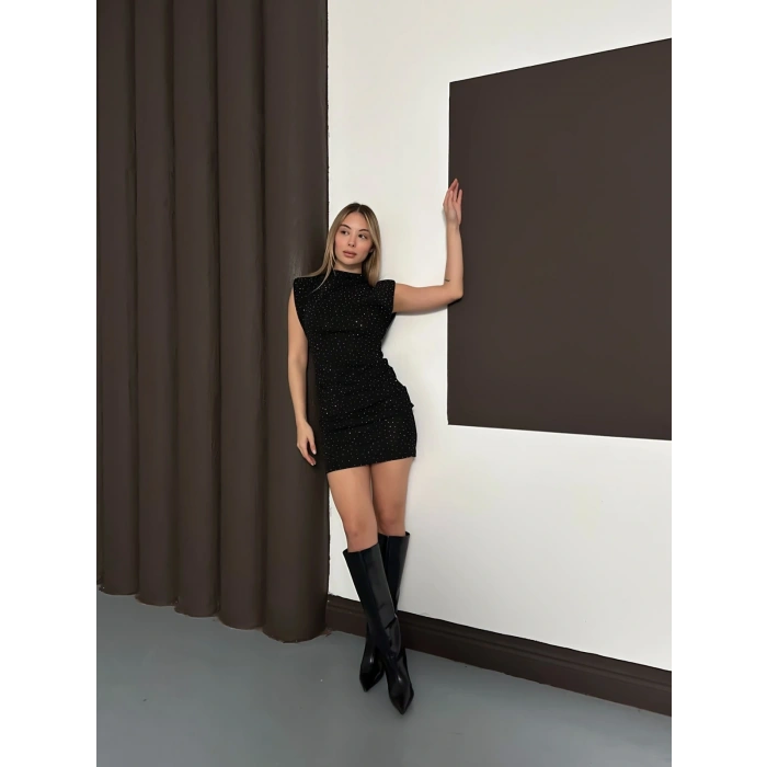 Taş Detaylı Mini Elbise Siyah