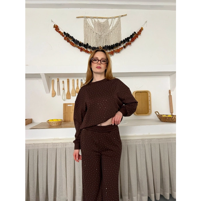 Taş Detaylı Modal Işıltılı Takım Acı Kahve