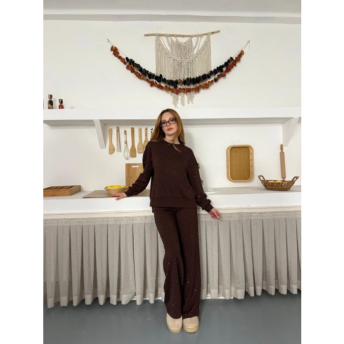 Taş Detaylı Modal Işıltılı Takım Acı Kahve