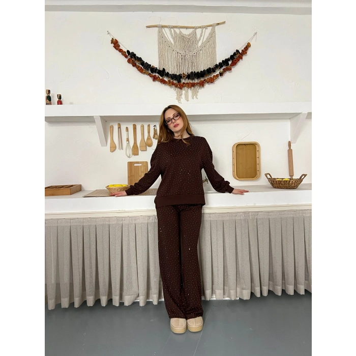 Taş Detaylı Modal Işıltılı Takım Acı Kahve