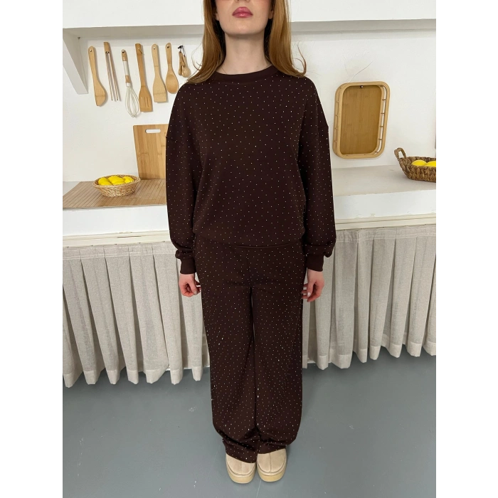 Taş Detaylı Modal Işıltılı Takım Acı Kahve