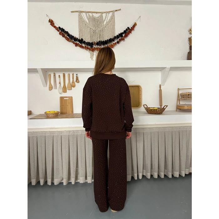 Taş Detaylı Modal Işıltılı Takım Acı Kahve