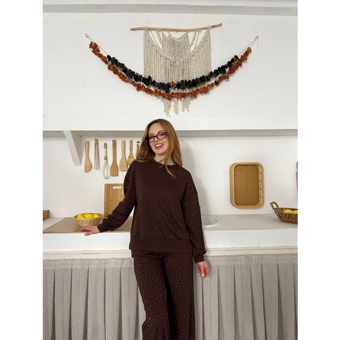 Taş Detaylı Modal Işıltılı Takım Acı Kahve