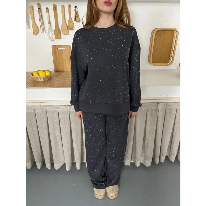 Taş Detaylı Modal Işıltılı Takım Antrasit