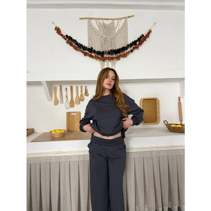 Taş Detaylı Modal Işıltılı Takım Antrasit