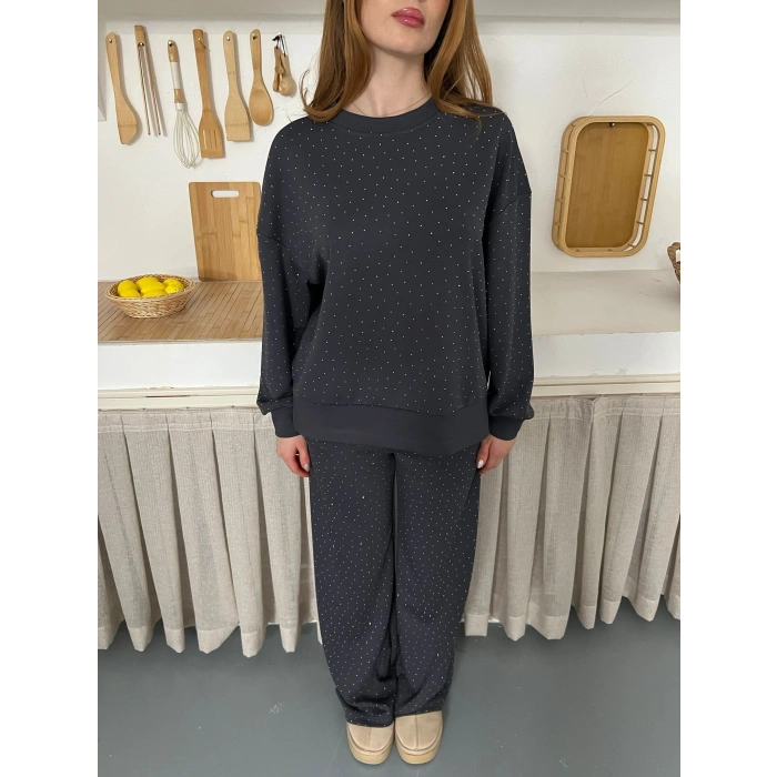 Taş Detaylı Modal Işıltılı Takım Antrasit