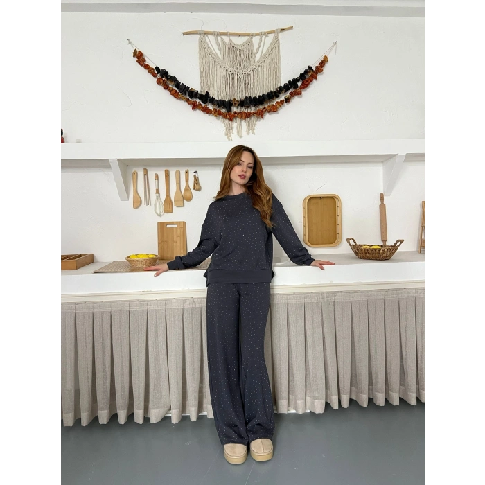 Taş Detaylı Modal Işıltılı Takım Antrasit