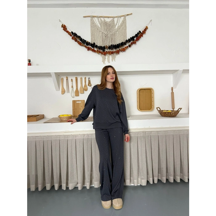 Taş Detaylı Modal Işıltılı Takım Antrasit